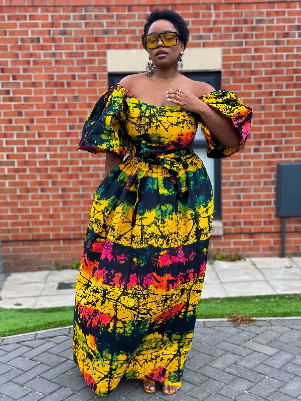 Brenie Ankara Off Shoulder Maxi Dress | Green and Yellow Multicoloured African Print Comfortable Plunging Neckline Maxi Dress Brenie Ankara Off Shoulder Maxi Dress | Green and Yellow Multicoloured African Print Comfortable Plunging Neckline Maxi Dress