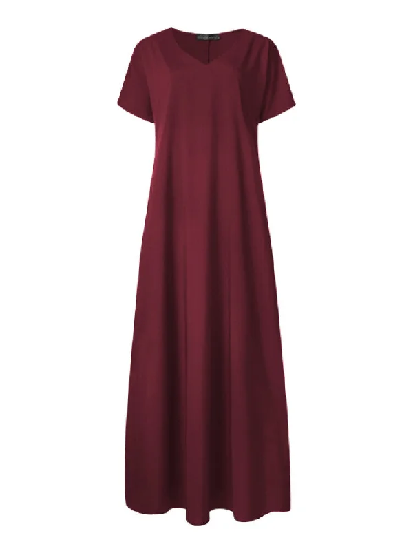 Simple Style Pure Color V-neck Short Sleeve Elegant Pockets Women Maxi Dress Comfortable Fit-and-Flare Maxi Dress Simple Style Pure Color V-neck Short Sleeve Elegant Pockets Women Maxi Dress Comfortable Fit-and-Flare Maxi Dress