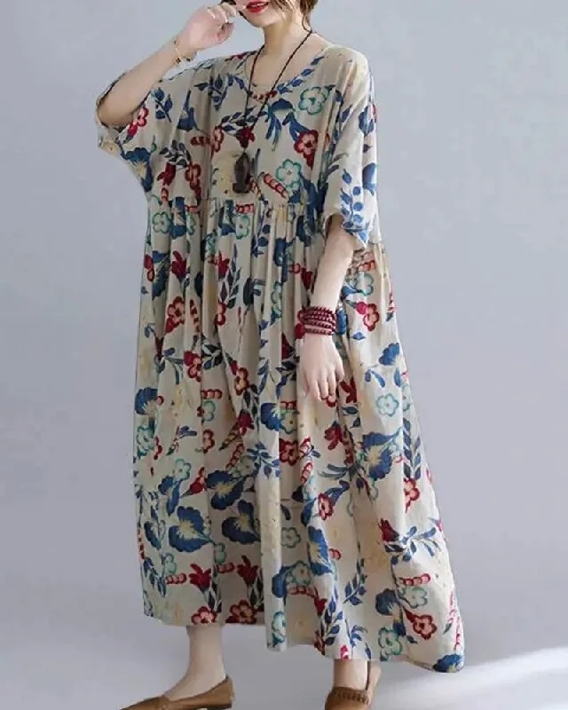 Casual Floral Printed Loose Fit O-neck Women Maxi Dress Fashionable Open-Back Maxi Dress Casual Floral Printed Loose Fit O-neck Women Maxi Dress Fashionable Open-Back Maxi Dress