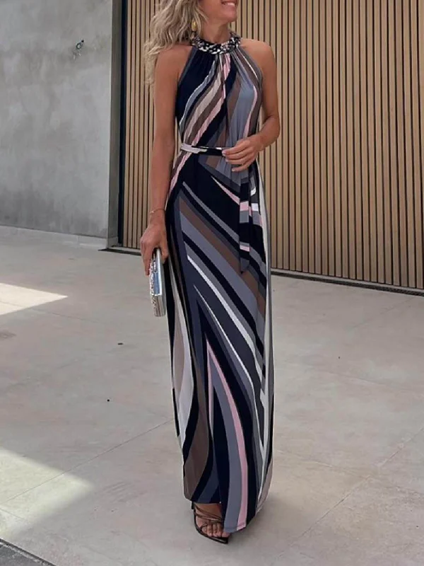 Casual Loose Halterneck Striped Graceful Gradient Print Maxi Dress Cozy Wrap Maxi Dress