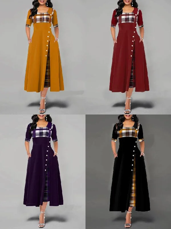 Casual Plaid Patchwork Short Sleeve Split Swing Hem Women Maxi Dress Cozy Spaghetti Strap Maxi Dress Casual Plaid Patchwork Short Sleeve Split Swing Hem Women Maxi Dress Cozy Spaghetti Strap Maxi Dress