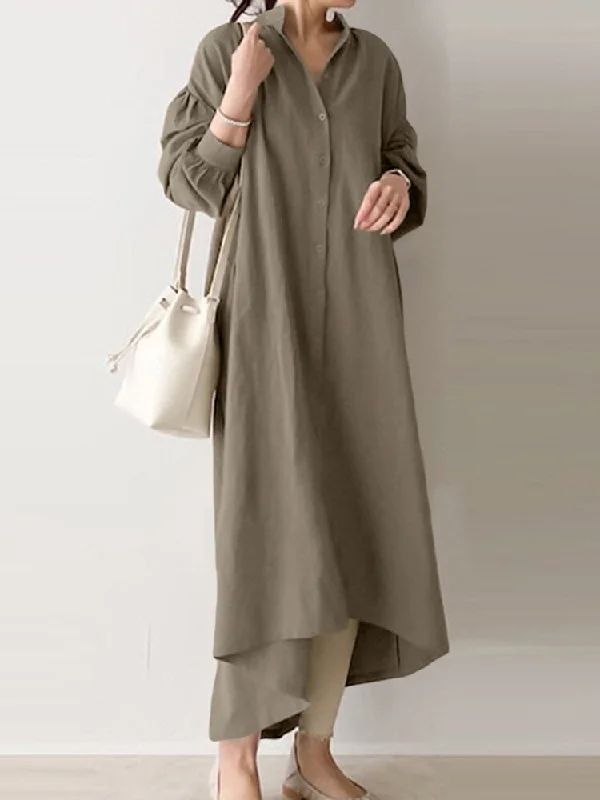 Casual Pure Color Cotton Puff Sleeve Drop Shoulder Loose Women Maxi Dress Elegant Maxi Dress with Slit Casual Pure Color Cotton Puff Sleeve Drop Shoulder Loose Women Maxi Dress Elegant Maxi Dress with Slit