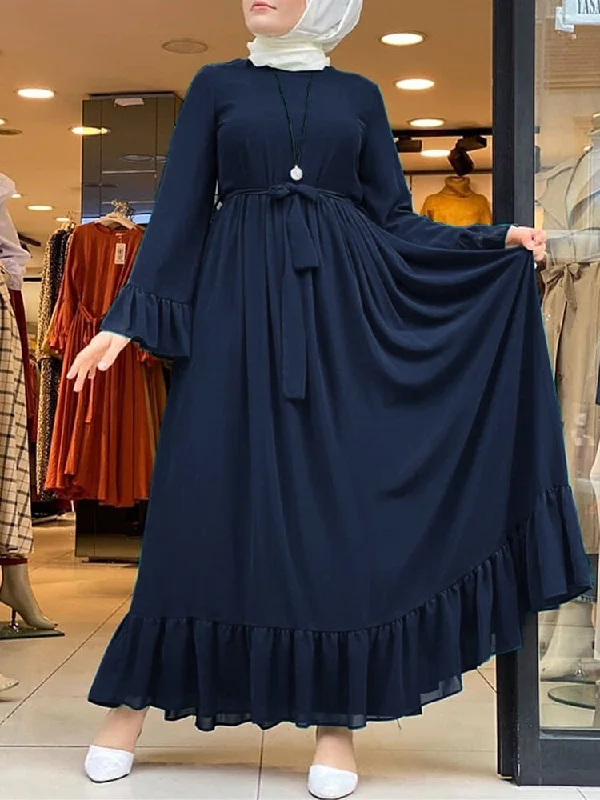 Casual Pure Color Flare Sleeve Lace-up Chiffon Loose Muslim Women Maxi Dress Classic Strapless Maxi Dress Casual Pure Color Flare Sleeve Lace-up Chiffon Loose Muslim Women Maxi Dress Classic Strapless Maxi Dress
