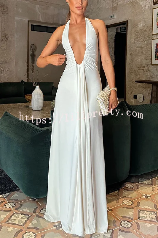 Sexy Silhouette Deep U-neck Halter Waterfall Sash Drape Maxi Dress Stylish Pleated A-Line Maxi Dress Sexy Silhouette Deep U-neck Halter Waterfall Sash Drape Maxi Dress Stylish Pleated A-Line Maxi Dress