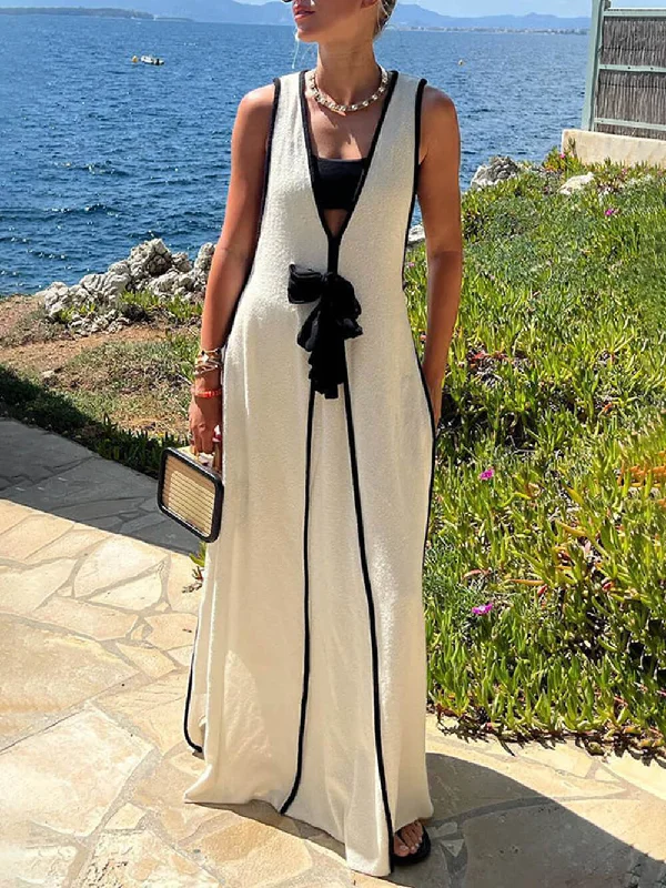 Contrast Color Self-Tie Charming Flowy Oversized Maxi Dress Elegant Maxi Dress with Ruffles Contrast Color Self-Tie Charming Flowy Oversized Maxi Dress Elegant Maxi Dress with Ruffles