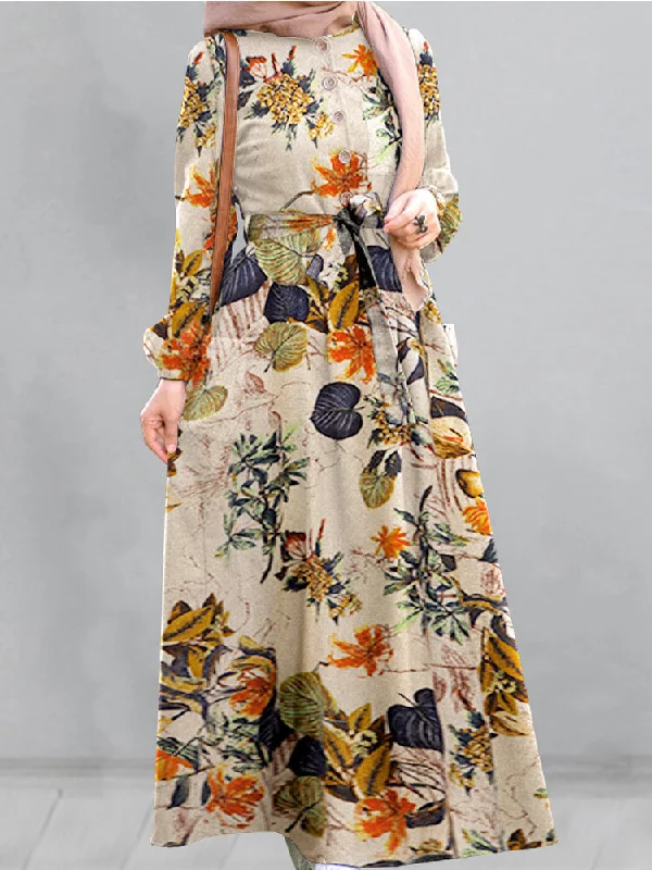 Cotton Floral Print Puff Sleeve Pleated Pockets Loose Robe Vintage Women Maxi Dress Classic V-Neck Maxi Dress Cotton Floral Print Puff Sleeve Pleated Pockets Loose Robe Vintage Women Maxi Dress Classic V-Neck Maxi Dress