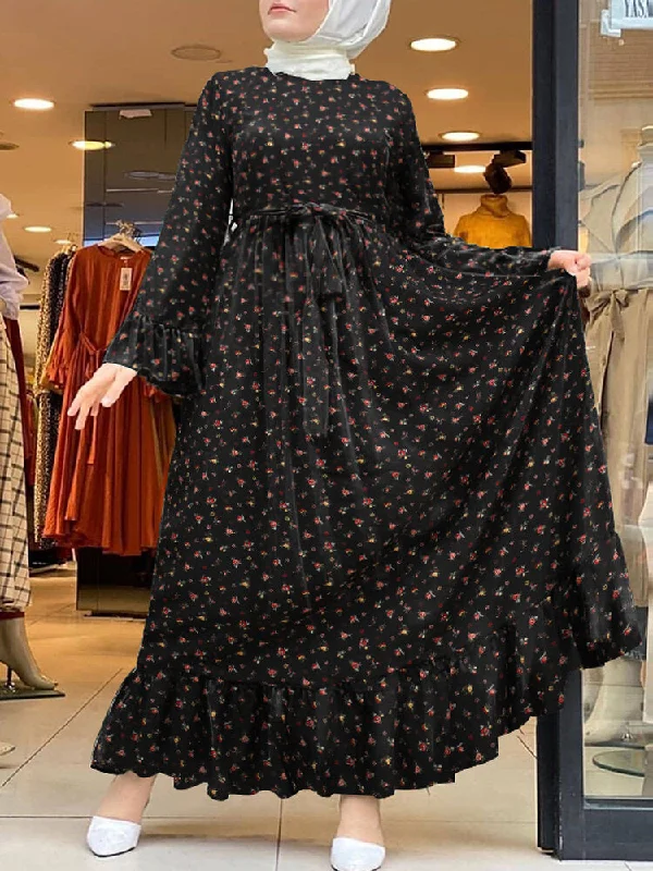 Ditsy Floral Print Ruffle Hem Swing Kaftan Belt Women Maxi Dress Comfortable Maxi Dress with Slits Ditsy Floral Print Ruffle Hem Swing Kaftan Belt Women Maxi Dress Comfortable Maxi Dress with Slits