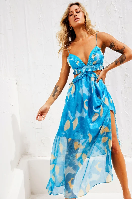 Early Sunset Maxi Dress - Aqua Stylish Maxi Dress with Frills