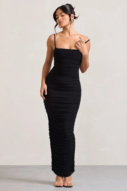 Ellis | Black Ruched Mesh Strappy Bodycon Maxi Dress Cozy Maxi Dress with Slit