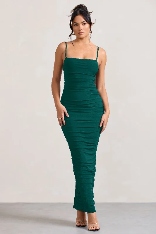 Ellis | Bottle Green Ruched Mesh Strappy Bodycon Maxi Dress Stylish Longline Maxi Dress Ellis | Bottle Green Ruched Mesh Strappy Bodycon Maxi Dress Stylish Longline Maxi Dress