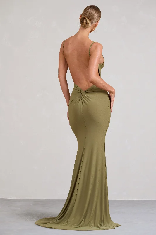 Endless Love | Olive Backless Knot Detail Fishtail Maxi Dress Elegant Sleeveless Maxi Dress Endless Love | Olive Backless Knot Detail Fishtail Maxi Dress Elegant Sleeveless Maxi Dress