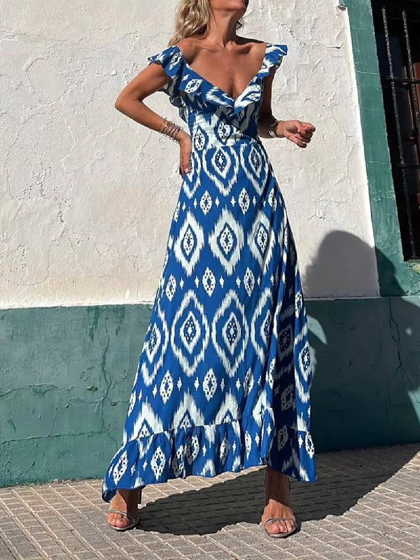 Ethnic Print Smocked Bust Graceful Ruffle Neck Maxi Dress Fashionable Asymmetrical Maxi Dress Ethnic Print Smocked Bust Graceful Ruffle Neck Maxi Dress Fashionable Asymmetrical Maxi Dress