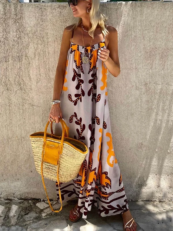 Ethnic Printed Loose Charming Cami Maxi Dress Elegant Maxi Dress with Slit