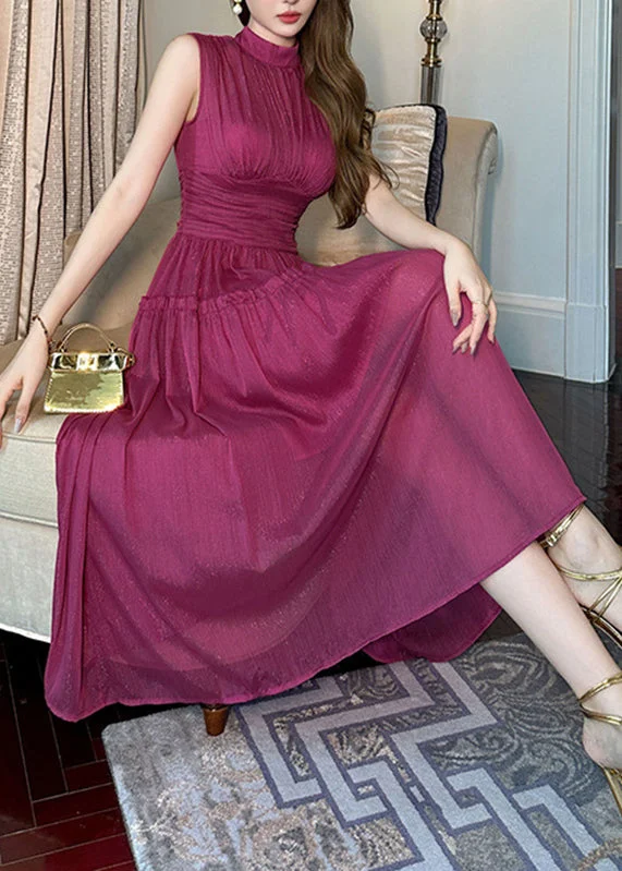 Fashion Purple Stand Collar High Waist Chiffon Holiday Maxi Dress Sleeveless Trendy Ruffled Maxi Dress Fashion Purple Stand Collar High Waist Chiffon Holiday Maxi Dress Sleeveless Trendy Ruffled Maxi Dress