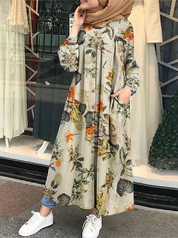 Floral Leaf Printed Button Down Front Kaftan Tunic Pockets Women Maxi Dress Stylish Long Sleeve Maxi Dress Floral Leaf Printed Button Down Front Kaftan Tunic Pockets Women Maxi Dress Stylish Long Sleeve Maxi Dress