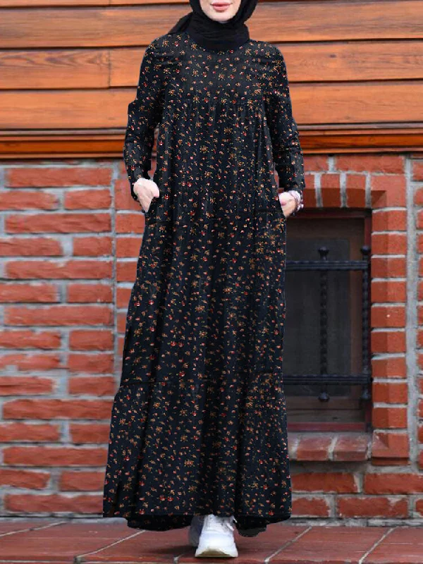 Floral Print O-neck Retro Casual Long Sleeve Layered Pockets Women Maxi Dress Elegant Pleated Maxi Dress Floral Print O-neck Retro Casual Long Sleeve Layered Pockets Women Maxi Dress Elegant Pleated Maxi Dress