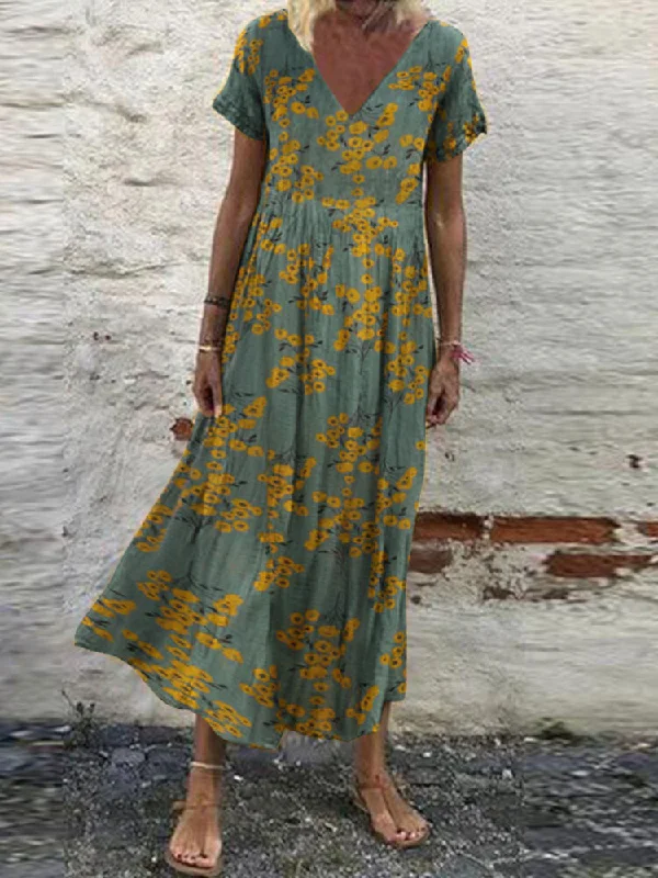 Floral Print V-neck Leisure Holiday Women Maxi Dress Classic V-Neck Maxi Dress