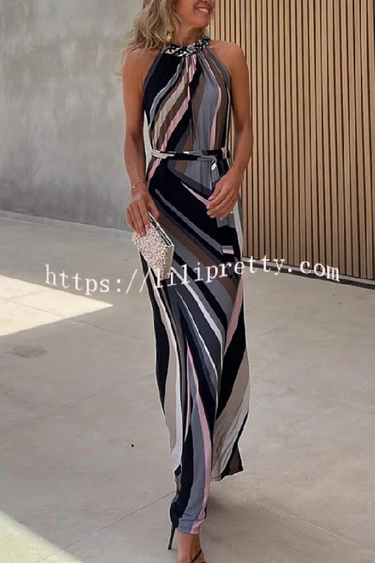 Flowing Elegance Colored Lines Printed Belt Halter Maxi Dress Elegant Boho Maxi Dress Flowing Elegance Colored Lines Printed Belt Halter Maxi Dress Elegant Boho Maxi Dress