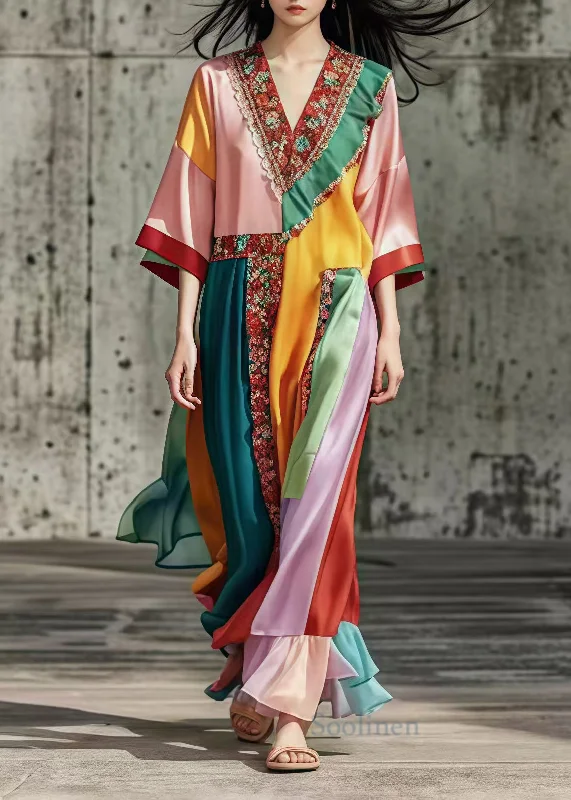 French Colorblock Ruffled Patchwork Silk Maxi Dresses Summer Elegant Silk Maxi Dress French Colorblock Ruffled Patchwork Silk Maxi Dresses Summer Elegant Silk Maxi Dress