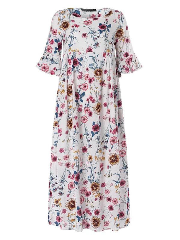 Half Sleeve O-neck Pleated Floral Print Vintage Women Maxi Dress Chic Off-Shoulder Maxi Dress Half Sleeve O-neck Pleated Floral Print Vintage Women Maxi Dress Chic Off-Shoulder Maxi Dress