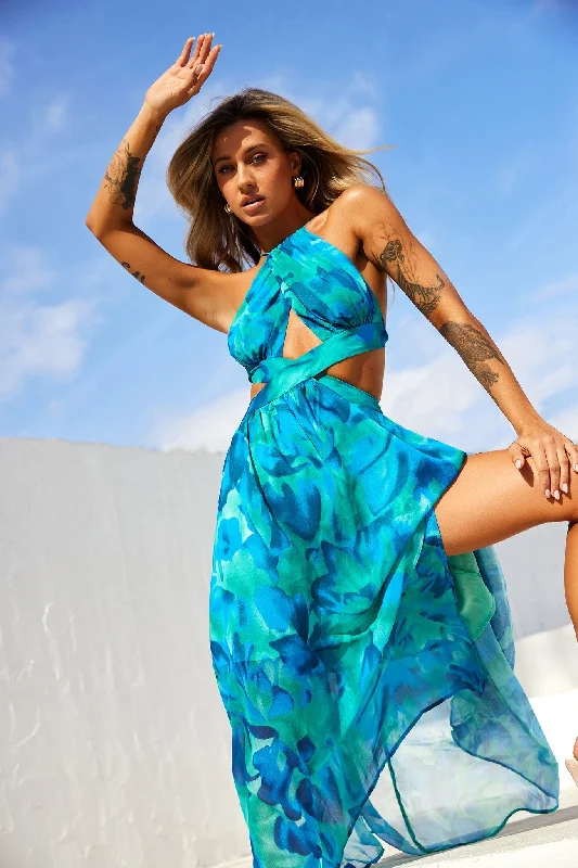 Havana Bloom Maxi Dress - Blue Multi Elegant Sleeveless Maxi Dress