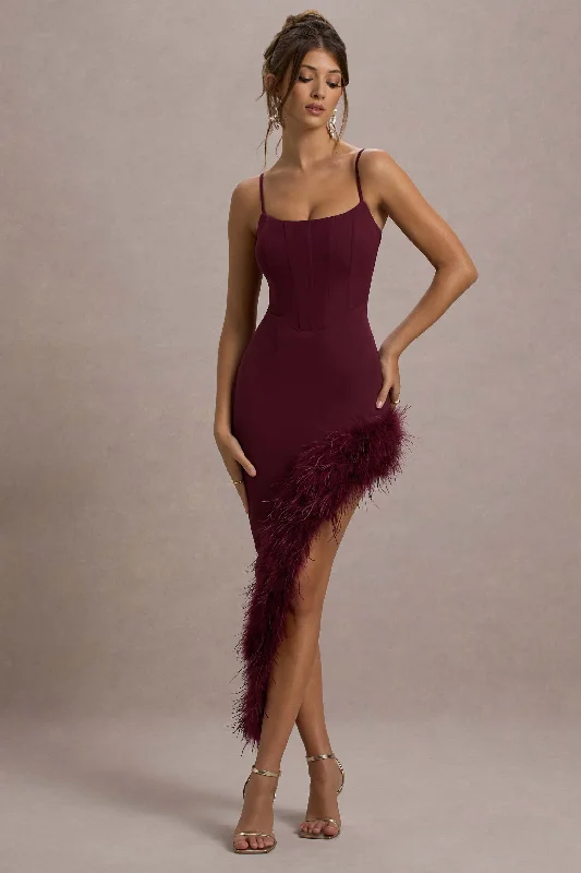 High Status | Burgundy Strappy Corset Asymmetric Maxi Dress With Feather Trim Comfortable T-Shirt Maxi Dress High Status | Burgundy Strappy Corset Asymmetric Maxi Dress With Feather Trim Comfortable T-Shirt Maxi Dress
