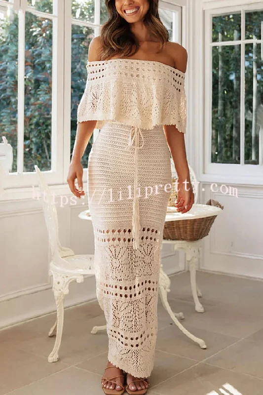 Lilipretty® Jolene Knit Crochet Texture Off Shoulder Drawstring Waist Maxi Dresses Trendy Off-Shoulder Ruffle Maxi Dress Lilipretty® Jolene Knit Crochet Texture Off Shoulder Drawstring Waist Maxi Dresses Trendy Off-Shoulder Ruffle Maxi Dress
