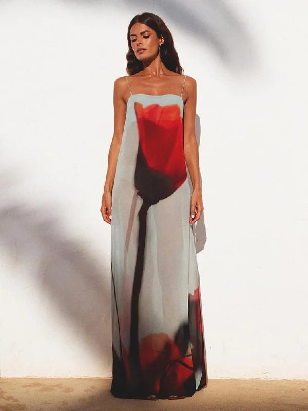 Sexy 2023 Summer Spaghetti Strap Floral Print Maxi Dress For Ladies Backless Chic See Through Beach Holiday Robe Elegant Maxi Dress with Drapes
