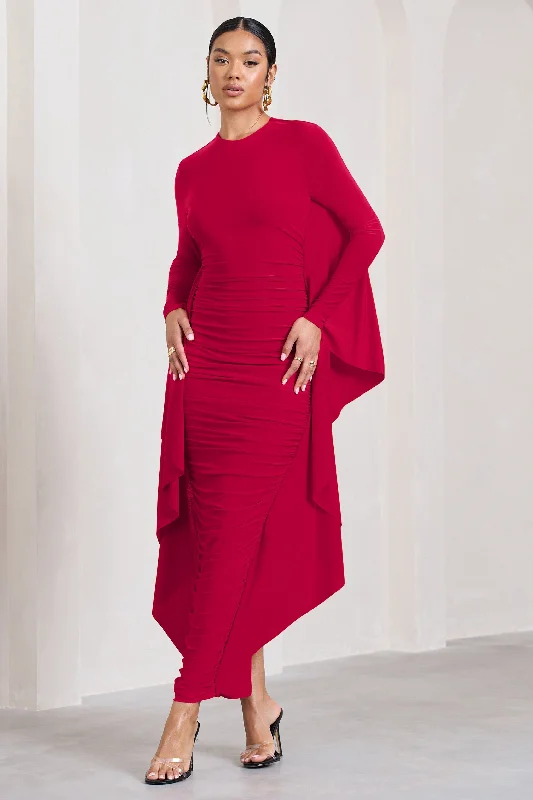 Keva | Red Long Sleeve Ruched Maxi Dress with Cape Detailing Trendy Printed Maxi Dress