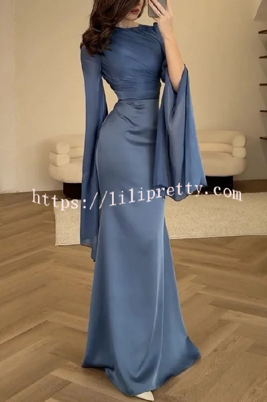 Liora Ruched Organza and Satin Patchwork Design Long Bell Slit Sleeve Maxi Dress Cozy Longline Maxi Dress Liora Ruched Organza and Satin Patchwork Design Long Bell Slit Sleeve Maxi Dress Cozy Longline Maxi Dress