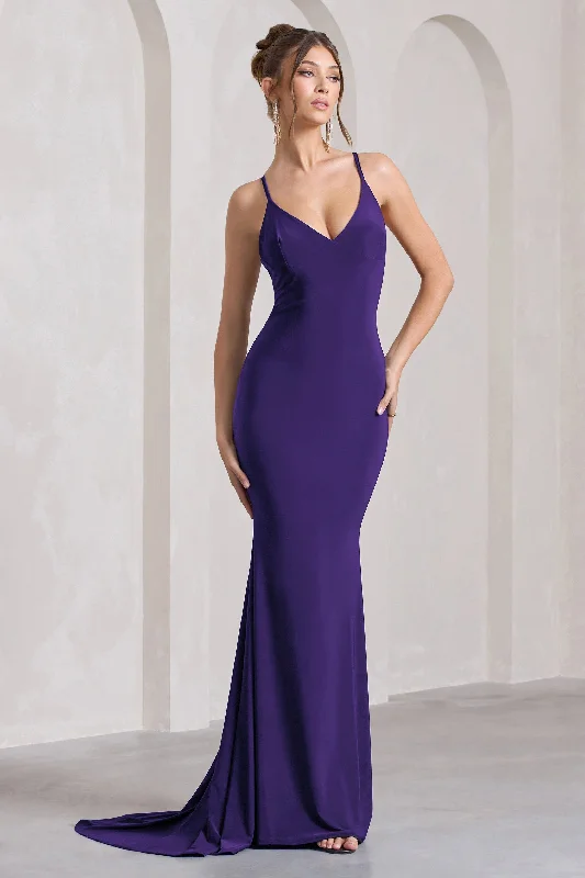 Lucky Number | Purple Cross Back Fishtail Maxi Dress Elegant Maxi Dress with Drapes