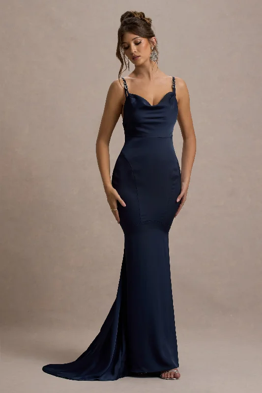 Made With Love | Navy Satin Strappy Fishtail Maxi Dress Stylish One-Shoulder Maxi Dress Made With Love | Navy Satin Strappy Fishtail Maxi Dress Stylish One-Shoulder Maxi Dress