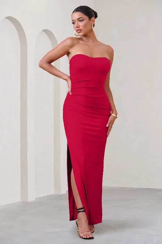 Manon | Red Sweetheart Bandeau Maxi Dress With Thigh Split Cozy Maxi Dress with Slit Manon | Red Sweetheart Bandeau Maxi Dress With Thigh Split Cozy Maxi Dress with Slit