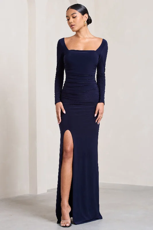 My Pleasure | Navy Square Neck Ruched Maxi Dress Chic Button-Up Maxi Dress
