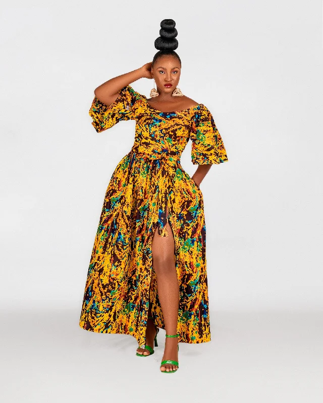 Nadia Ankara Off Shoulder Maxi Dress | Yellow Multicoloured African Print Stylish One-Shoulder Maxi Dress Nadia Ankara Off Shoulder Maxi Dress | Yellow Multicoloured African Print Stylish One-Shoulder Maxi Dress