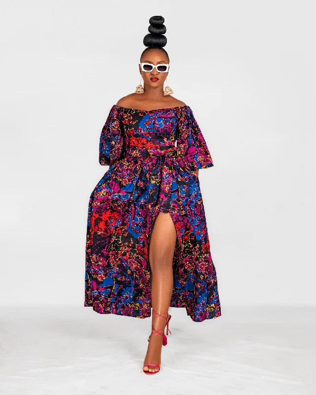 Nana Ankara Off Shoulder Maxi Dress | Blue and Pink Multicoloured African Print Fashionable High-Waist Maxi Dress Nana Ankara Off Shoulder Maxi Dress | Blue and Pink Multicoloured African Print Fashionable High-Waist Maxi Dress