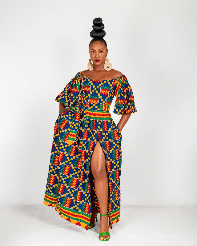 Nicole Ankara Off Shoulder Maxi Dress | Kente Multicoloured African Print Cozy Knitted Maxi Dress Nicole Ankara Off Shoulder Maxi Dress | Kente Multicoloured African Print Cozy Knitted Maxi Dress