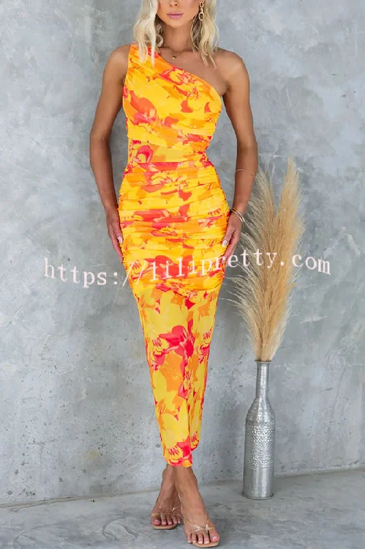 Night Blooms Mesh Overlay Printed One Shoulder Ruched Stretch Maxi Dress Trendy Button Front Maxi Dress Night Blooms Mesh Overlay Printed One Shoulder Ruched Stretch Maxi Dress Trendy Button Front Maxi Dress