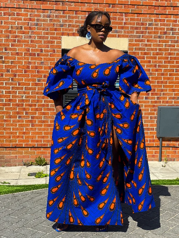 Nimi Ankara Off Shoulder Maxi Dress | Blue and Orange African Print Fashionable Maxi Dress with Fringe Nimi Ankara Off Shoulder Maxi Dress | Blue and Orange African Print Fashionable Maxi Dress with Fringe