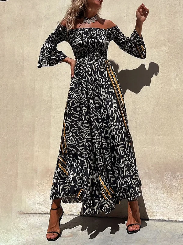 Off-The-Shoulder Smocked Stretch Charming Black Printed Maxi Dress Chic Summer Maxi Dress Off-The-Shoulder Smocked Stretch Charming Black Printed Maxi Dress Chic Summer Maxi Dress