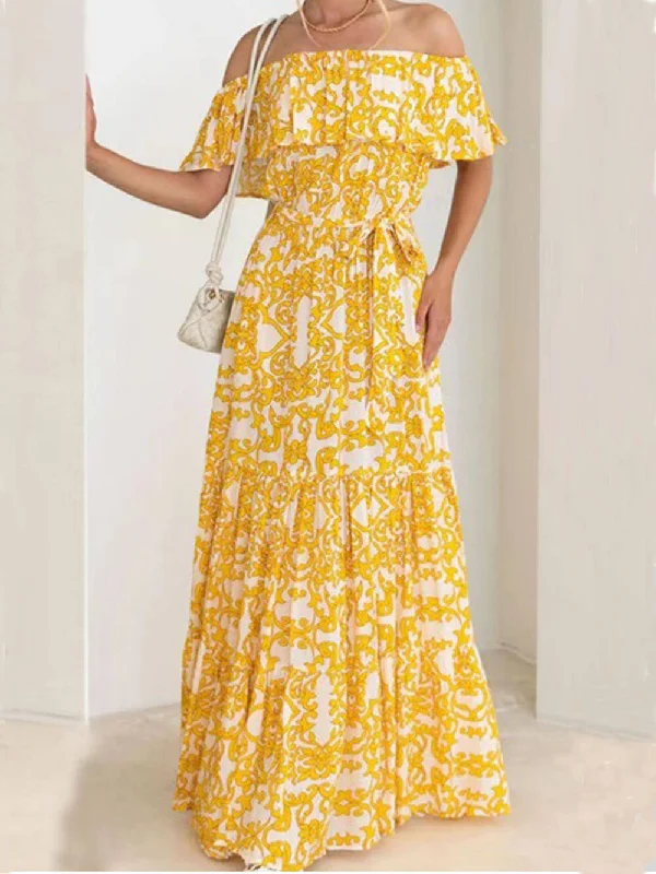 One-Shoulder Short-Sleeve Printed Charming Ruffle Maxi Dress Fashionable Chiffon Tiered Maxi Dress One-Shoulder Short-Sleeve Printed Charming Ruffle Maxi Dress Fashionable Chiffon Tiered Maxi Dress