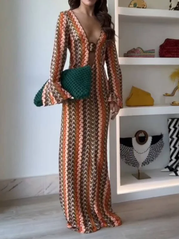 Orange Soda Stripe Print O-Ring Trendy Long Sleeve Beach Maxi Dress Elegant Maxi Dress with Slit Orange Soda Stripe Print O-Ring Trendy Long Sleeve Beach Maxi Dress Elegant Maxi Dress with Slit