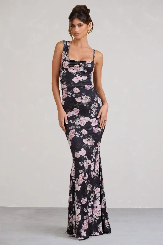 Phantasy | Black & Pink Floral Print Asymmetric Neckline Cowl Maxi Dress Trendy Maxi Dress with Belt Phantasy | Black & Pink Floral Print Asymmetric Neckline Cowl Maxi Dress Trendy Maxi Dress with Belt