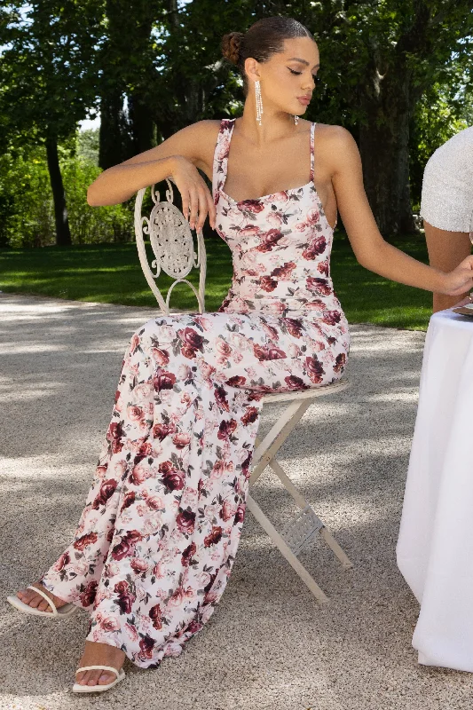Phantasy | White Floral Print Asymmetric Neckline Cowl Maxi Dress Trendy Maxi Dress with Straps Phantasy | White Floral Print Asymmetric Neckline Cowl Maxi Dress Trendy Maxi Dress with Straps