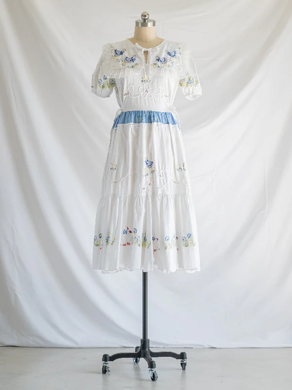 Re-design Upcycled Duck Swan Embroidery White Maxi Dress Casual Maxi Dress with Pockets Re-design Upcycled Duck Swan Embroidery White Maxi Dress Casual Maxi Dress with Pockets