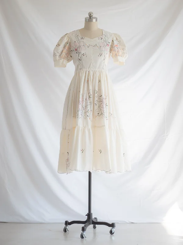 Re-design Upcycled Pink Rose Outline Embroidery White Maxi Dress Cozy Ribbed Maxi Dress Re-design Upcycled Pink Rose Outline Embroidery White Maxi Dress Cozy Ribbed Maxi Dress