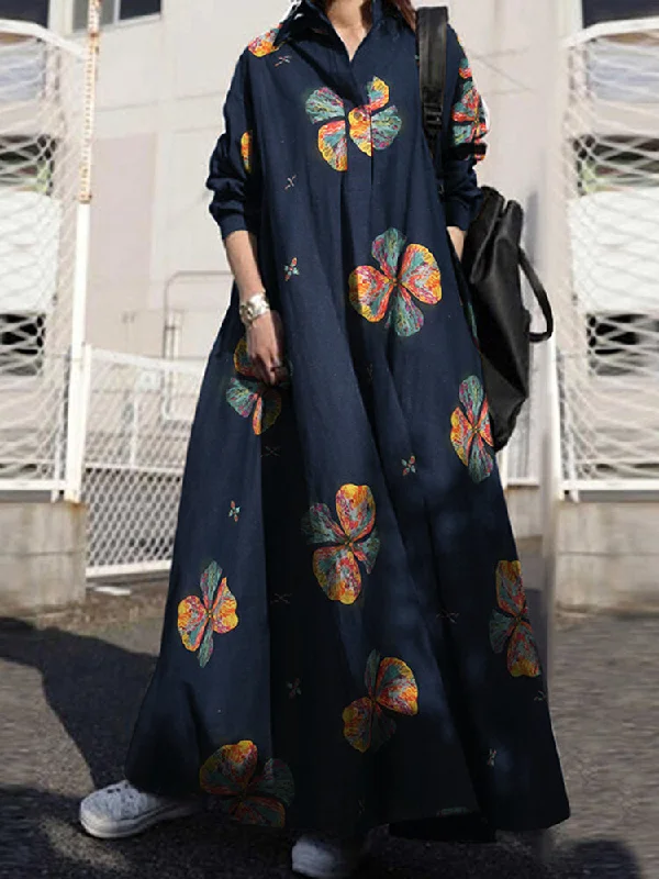 Retro Floral Print Lapel Bohemian Loose Long Sleeve Maxi Shirt Pocket Women Maxi Dress Chic Button-Up Maxi Dress Retro Floral Print Lapel Bohemian Loose Long Sleeve Maxi Shirt Pocket Women Maxi Dress Chic Button-Up Maxi Dress