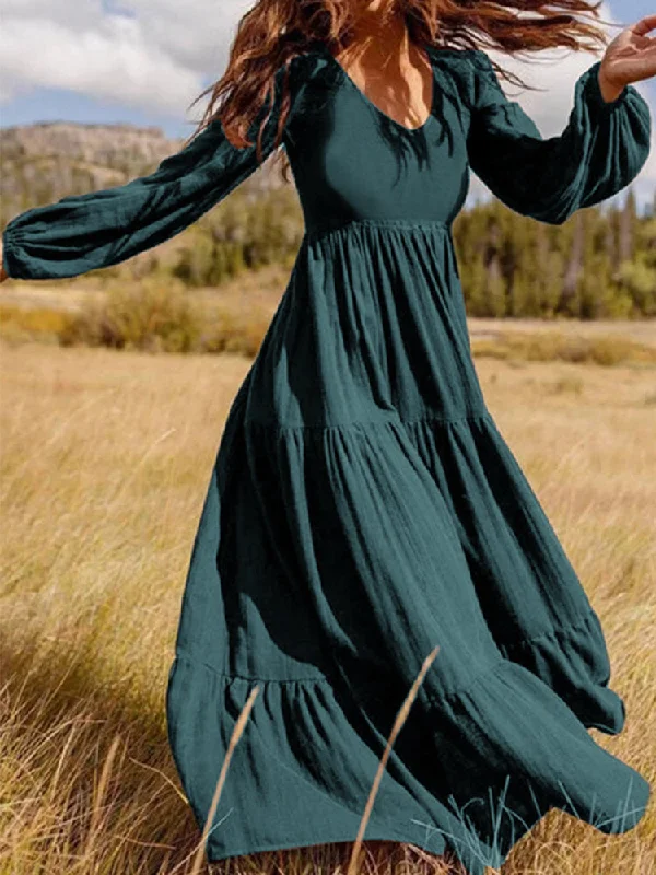 Retro Pure Color Back Zipper Puff Sleeve Loose Casual Women Maxi Dress Fashionable Printed Maxi Dress Retro Pure Color Back Zipper Puff Sleeve Loose Casual Women Maxi Dress Fashionable Printed Maxi Dress