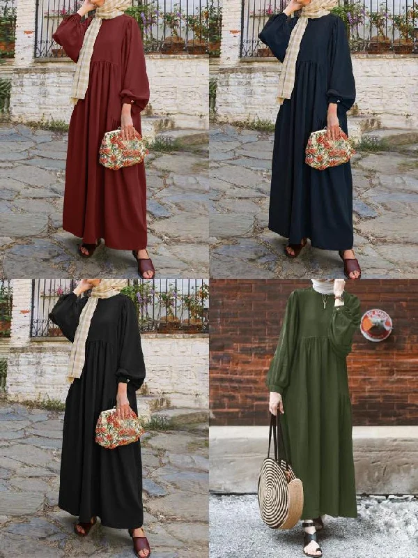 Retro Solid Puff Sleeve Hollow Out Collar Abaya Kaftan Pleated Women Maxi Dress Cozy Maxi Dress with Slit Retro Solid Puff Sleeve Hollow Out Collar Abaya Kaftan Pleated Women Maxi Dress Cozy Maxi Dress with Slit