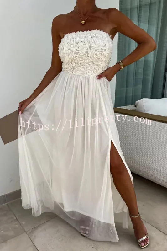 Romance and Lightness Tulle Floral Texture Pleated Patchwork Strapless Slit Maxi Dress Elegant Boho Maxi Dress